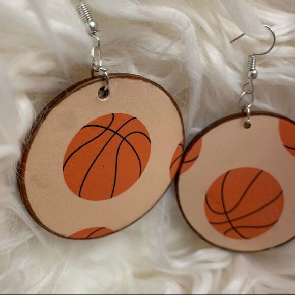 Handmade Basketball Wood Earrings - Picture 3 of 3